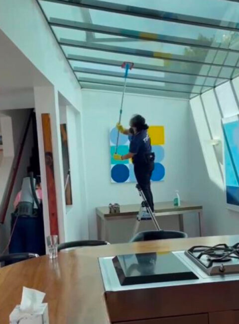 Tidy modern kitchen after a deep clean—polished surfaces and organised bench